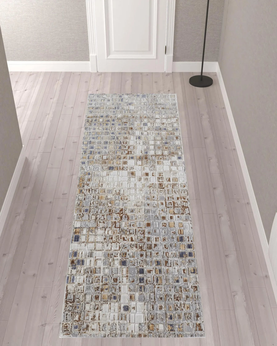 10′ Tan Ivory And Blue Geometric Power Loom Distressed Runner Rug — view 2