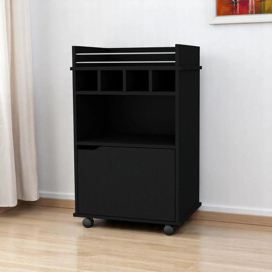 22″ Black Wood Rolling Bar Cart With Wine Storage