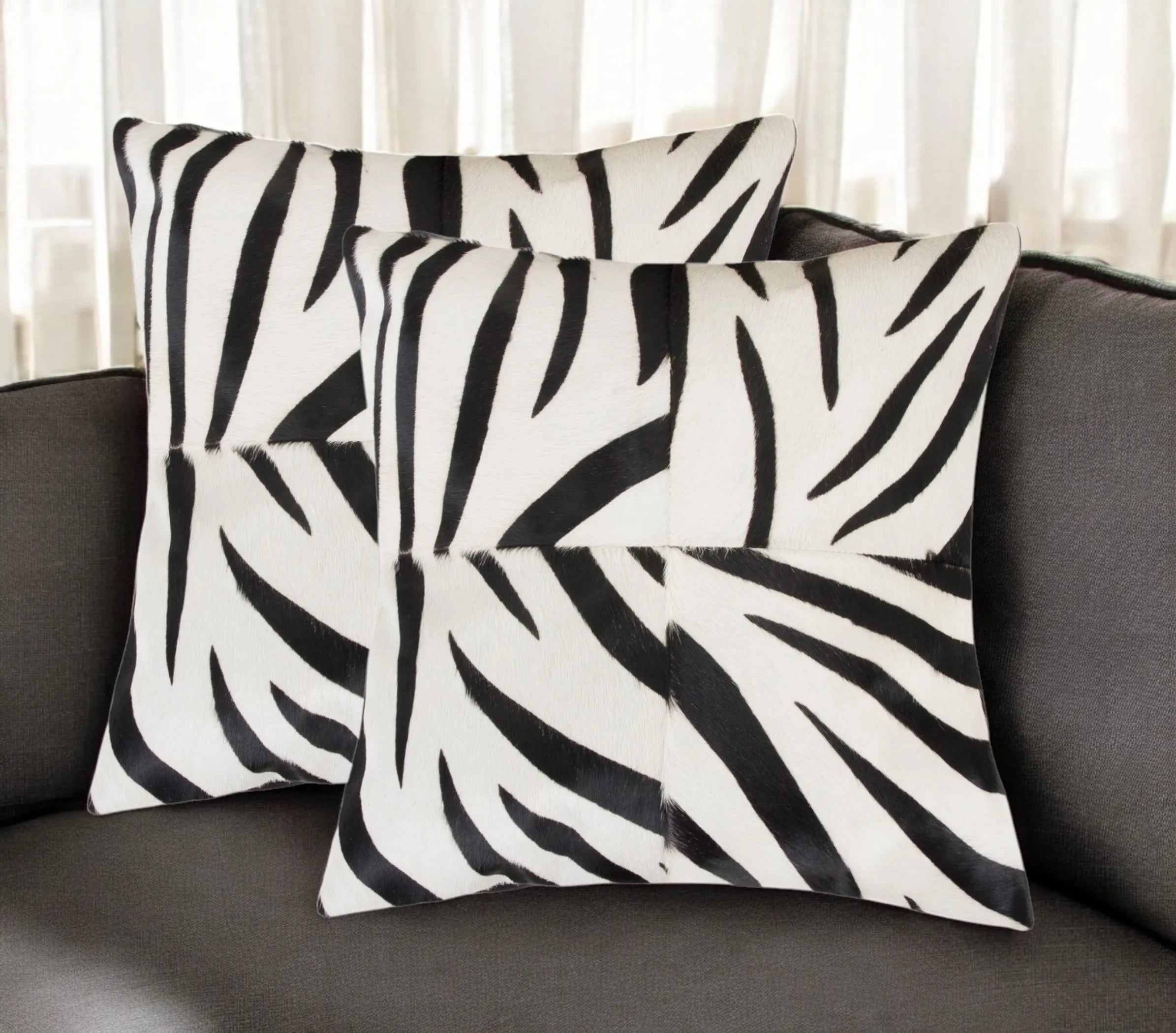 Set of Two 18″ White and Black Zebra Cowhide Throw Pillows