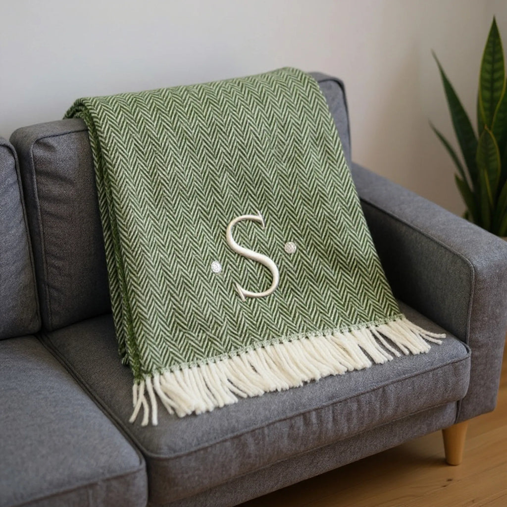Herringbone Cotton Blend S Initial Throw Blanket with Tassels And Embroidery — view 2