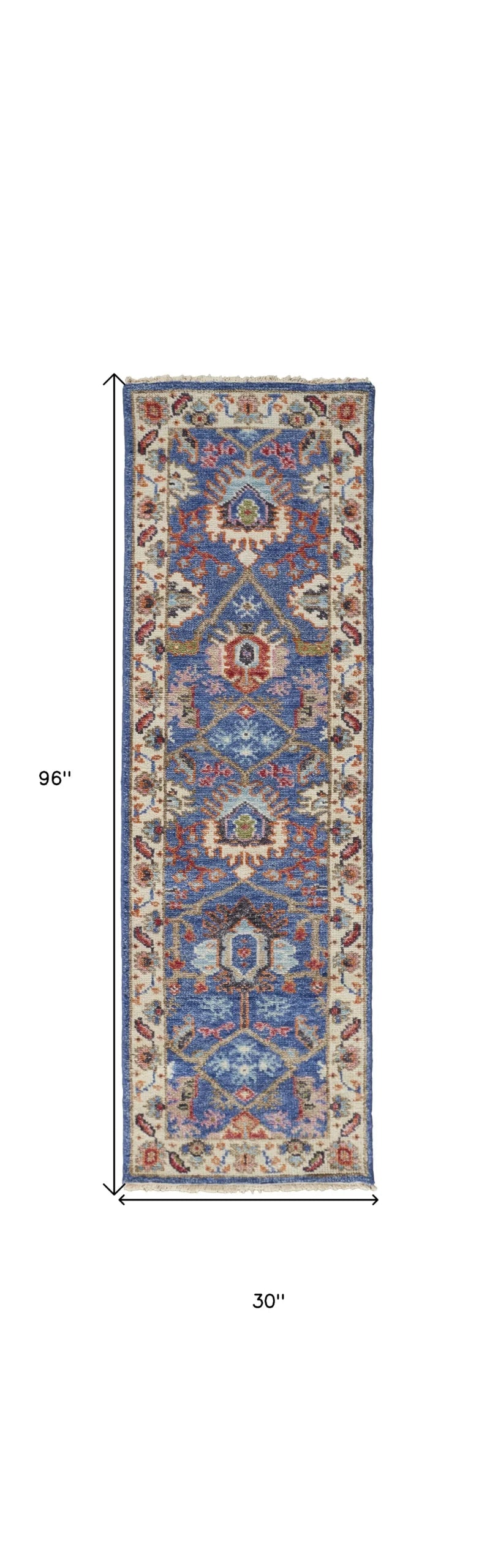 8′ Blue and Beige Wool Floral Hand Knotted Runner Rug With Fringe — view 3
