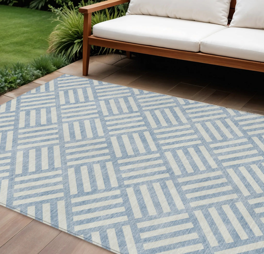 9′ X 12′ Sky Blue And Ivory Geometric Washable Indoor Outdoor Area Rug