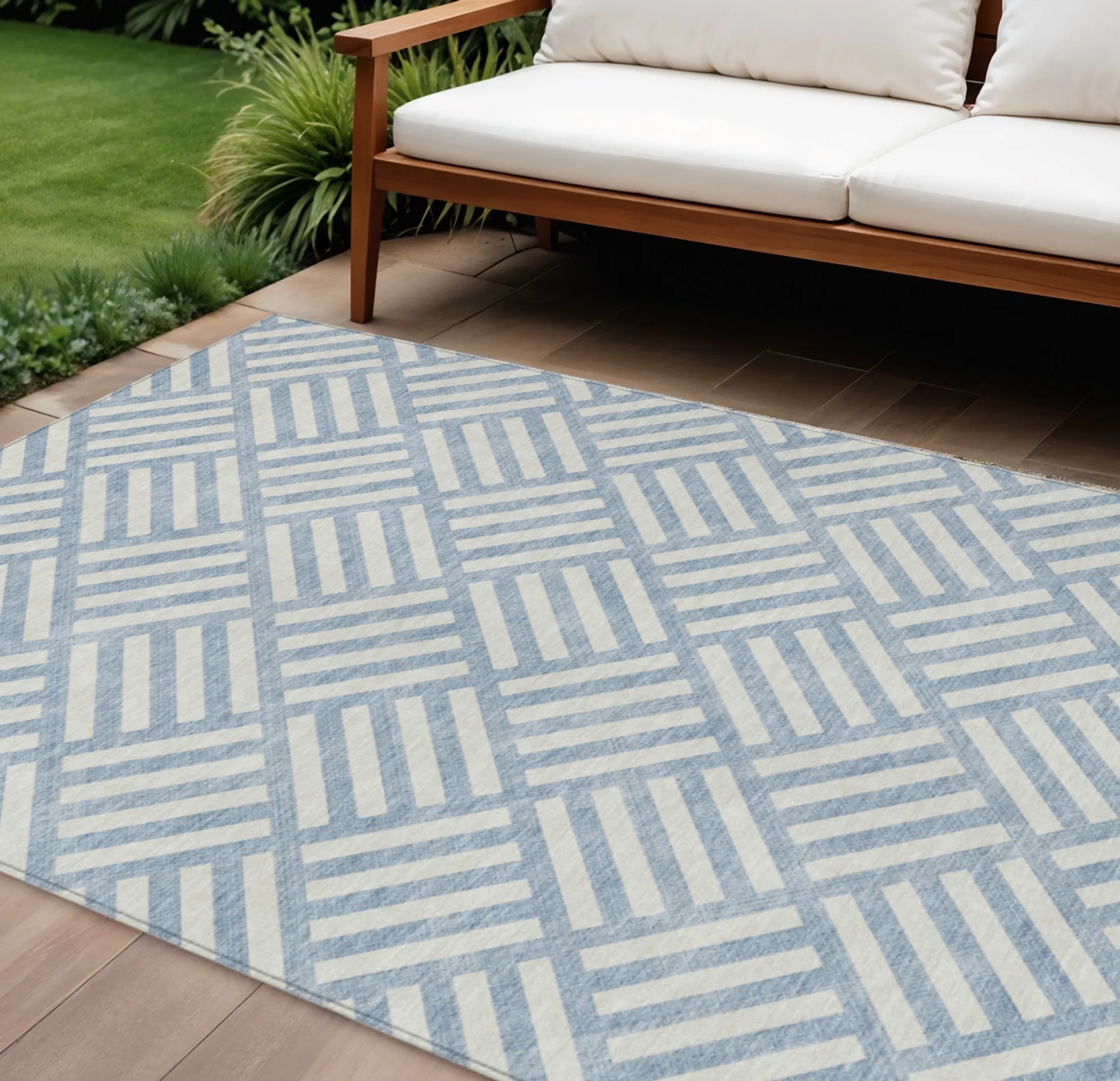 9′ X 12′ Sky Blue And Ivory Geometric Washable Indoor Outdoor Area Rug