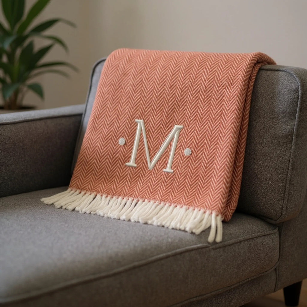 Herringbone Cotton Blend M Initial Throw Blanket with Tassels And Embroidery — view 2
