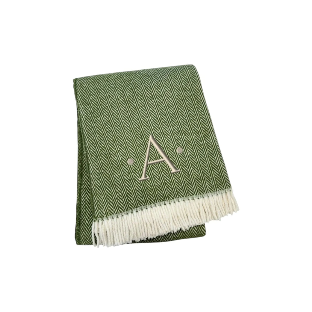 Herringbone Cotton Blend A Initial Throw Blanket with Tassels And Embroidery