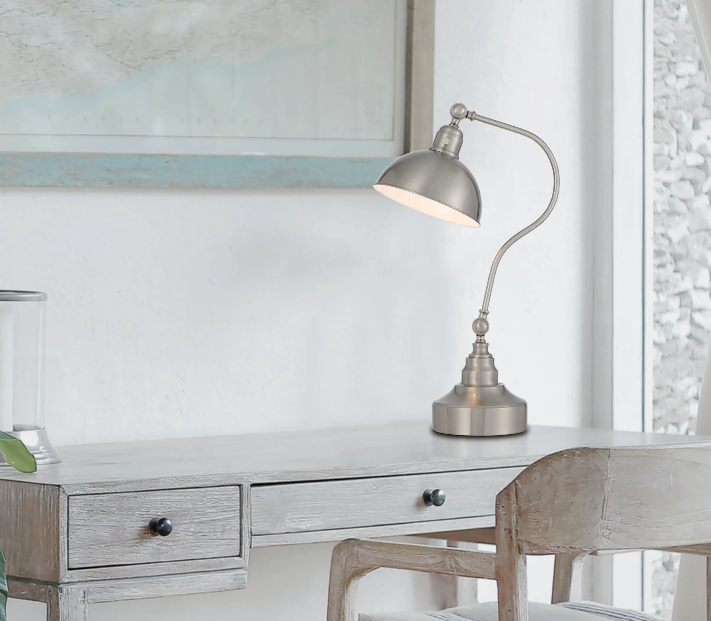 25″ Nickel Metal Lantern Desk Table Lamp With Nickel Dome Shade — view 4