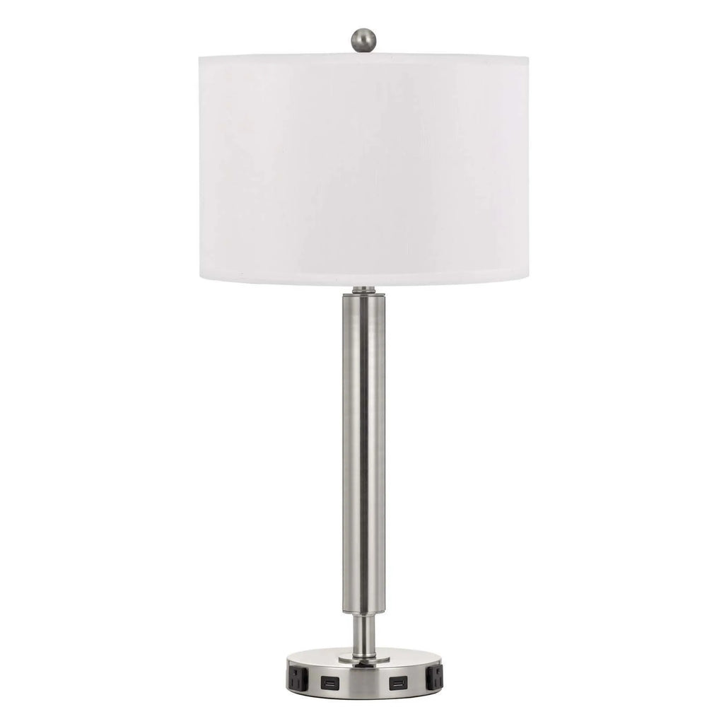 30″ Nickel Metal Cylinder USB Table Lamp With White Drum Shade — view 2