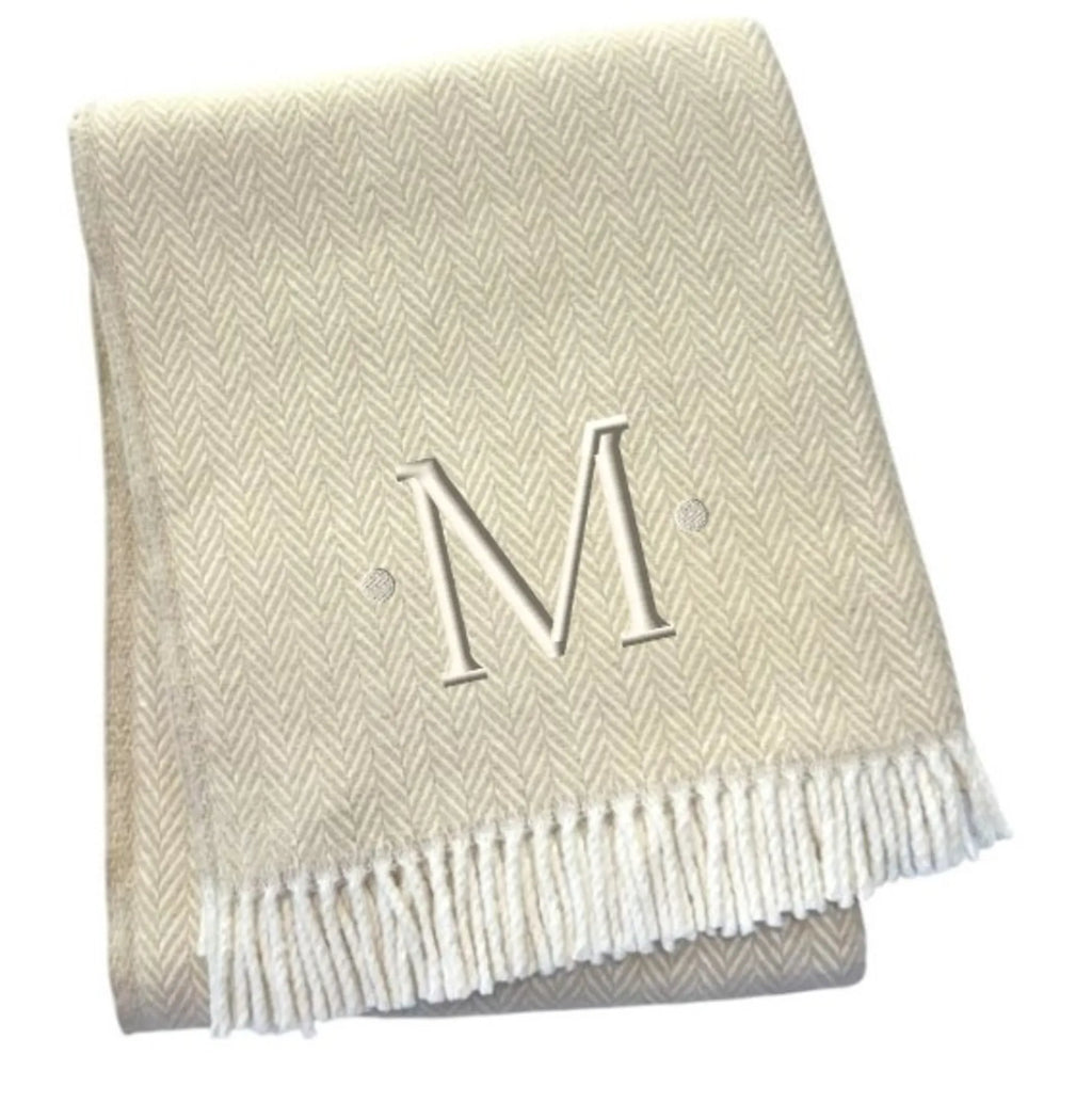 Herringbone Cotton Blend M Initial Throw Blanket with Tassels And Embroidery — view 3