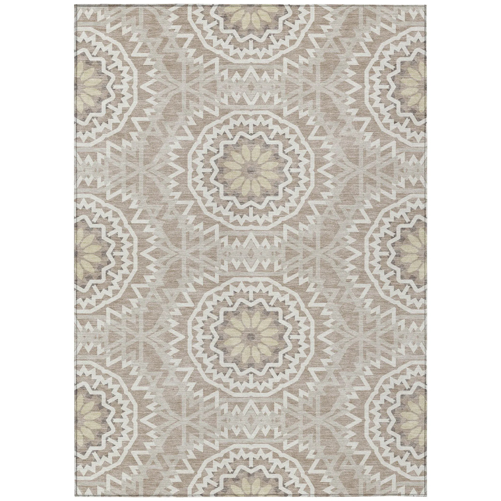 10′ X 14′ Taupe Khaki And Ivory Floral Medallion Washable Indoor Outdoor Area Rug — view 2