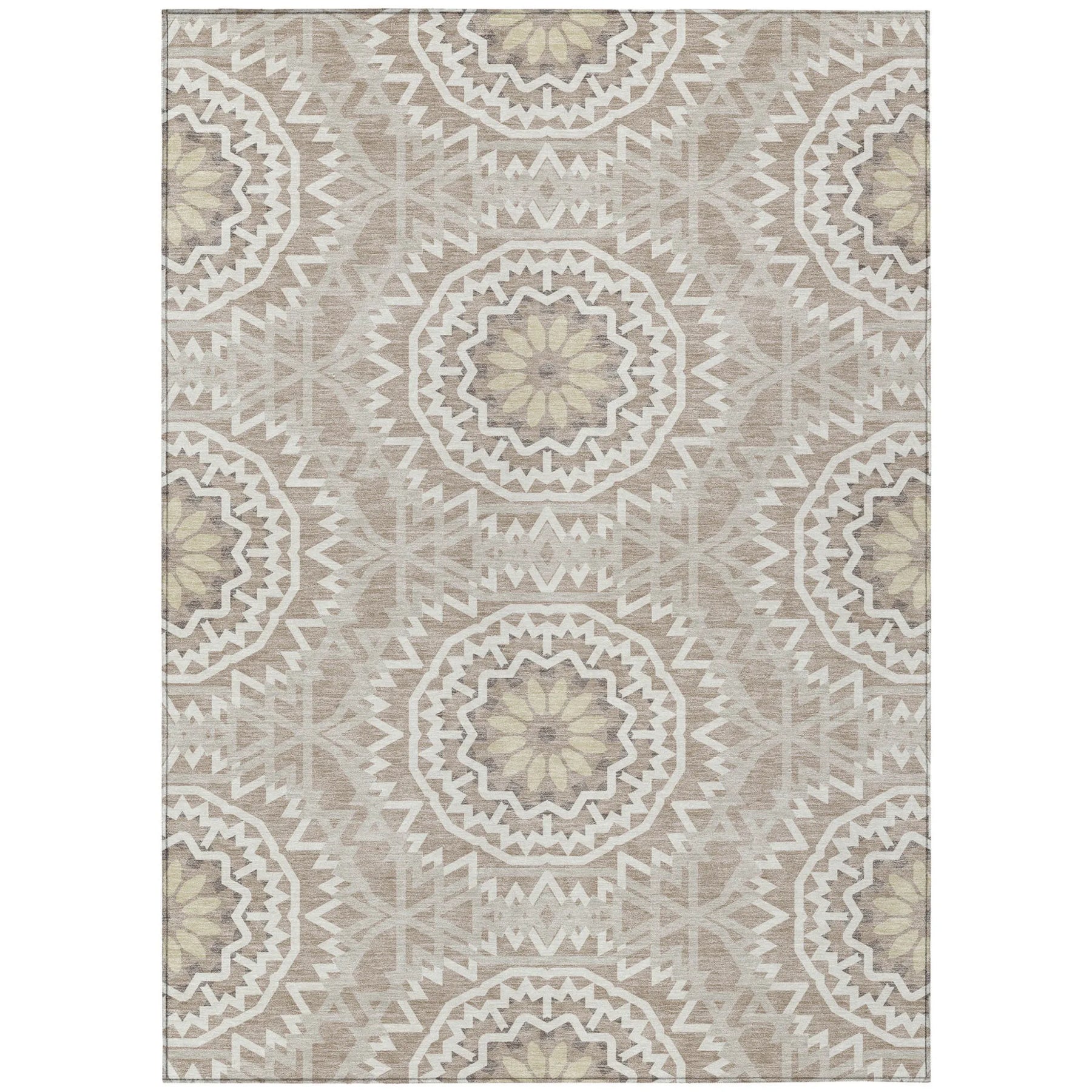 10′ X 14′ Taupe Khaki And Ivory Floral Medallion Washable Indoor Outdoor Area Rug — view 2