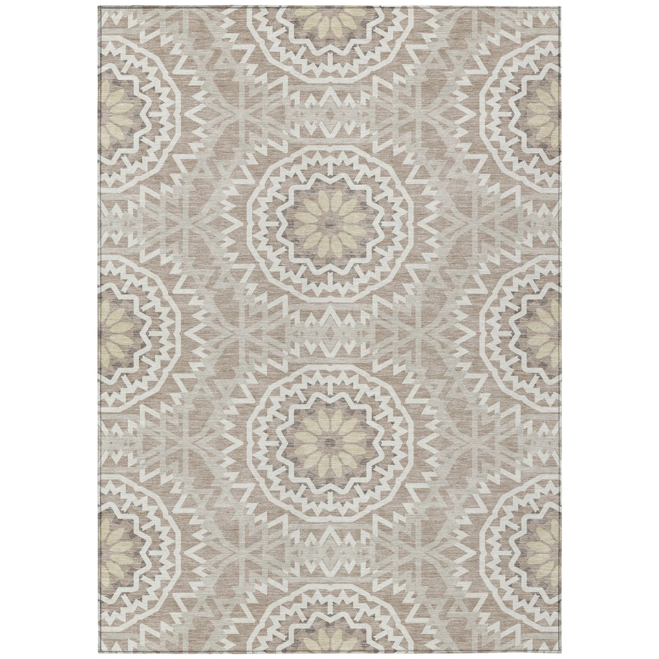10′ X 14′ Taupe Khaki And Ivory Floral Medallion Washable Indoor Outdoor Area Rug — view 2