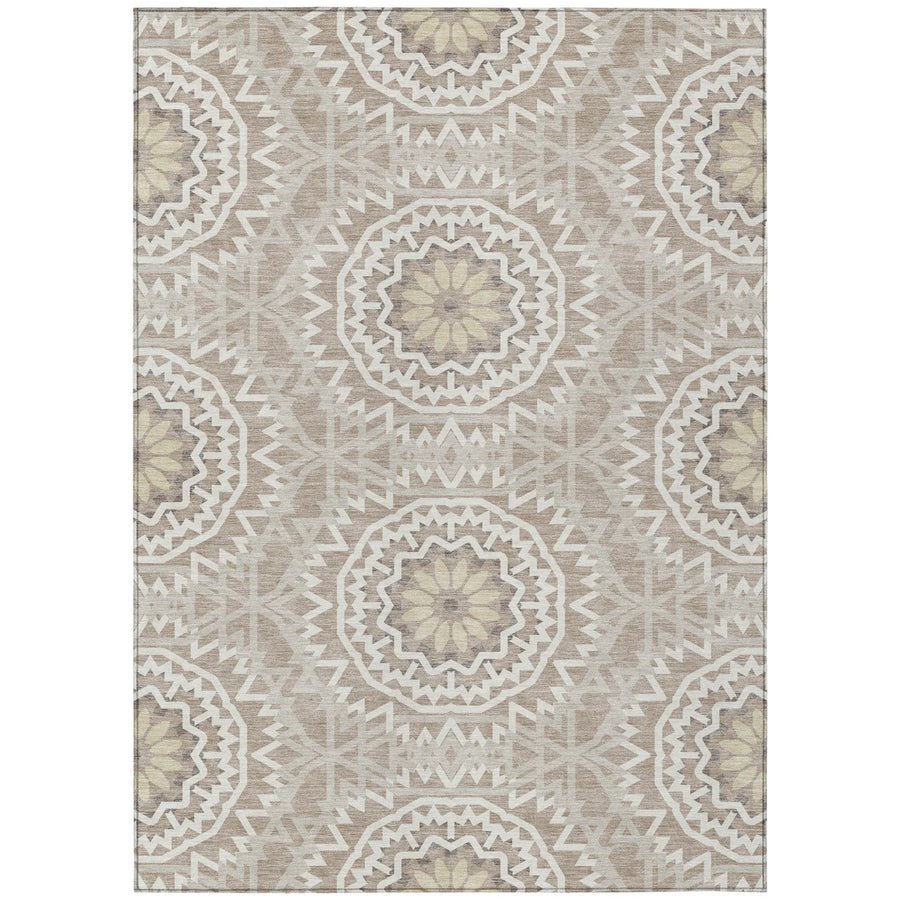 10′ X 14′ Taupe Khaki And Ivory Floral Medallion Washable Indoor Outdoor Area Rug — view 2