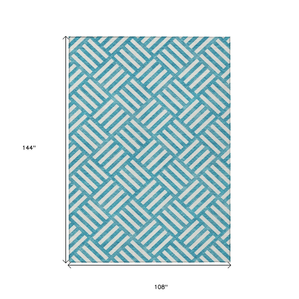 9′ X 12′ Teal Blue And Ivory Geometric Washable Indoor Outdoor Area Rug — view 3