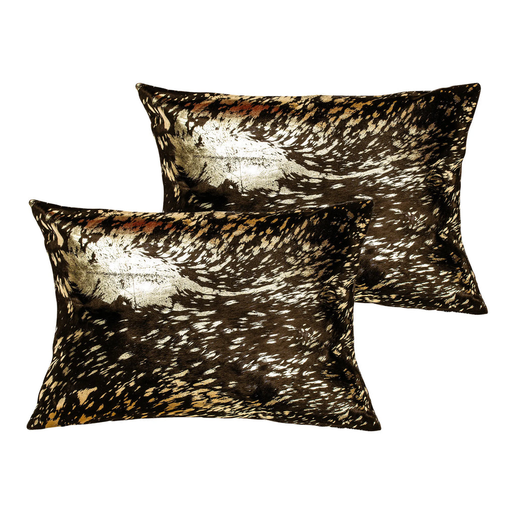 Set of Two 12″ X 20″ Chocolate and Gold Abstract Cowhide Lumbar Throw Pillows with Glitter — view 3