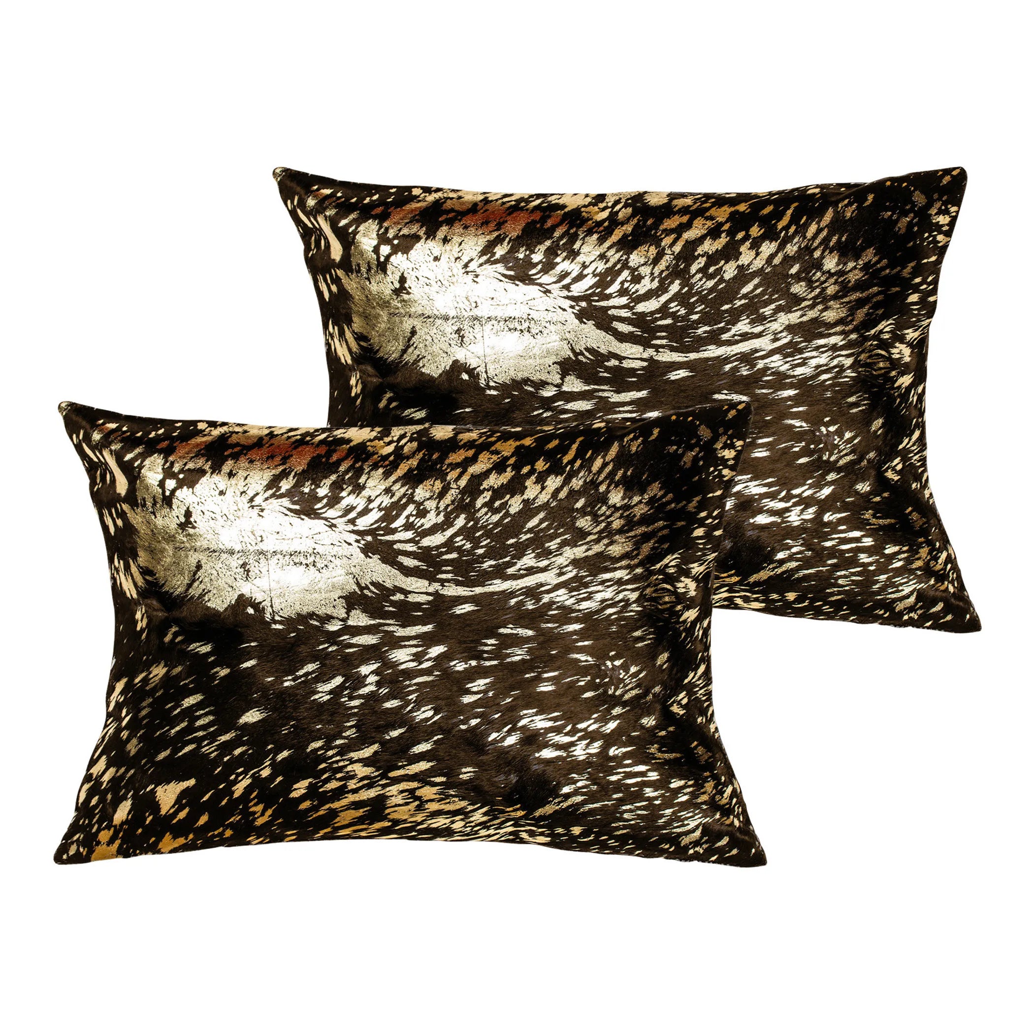 Set of Two 12″ X 20″ Chocolate and Gold Abstract Cowhide Lumbar Throw Pillows with Glitter — view 3