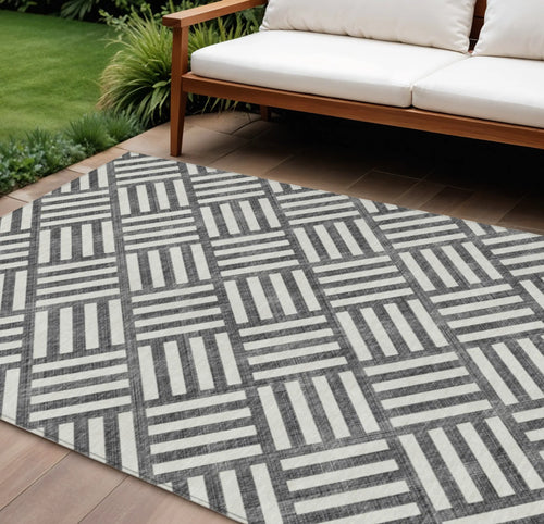 10′ X 14′ Black And Ivory Geometric Washable Indoor Outdoor Area Rug