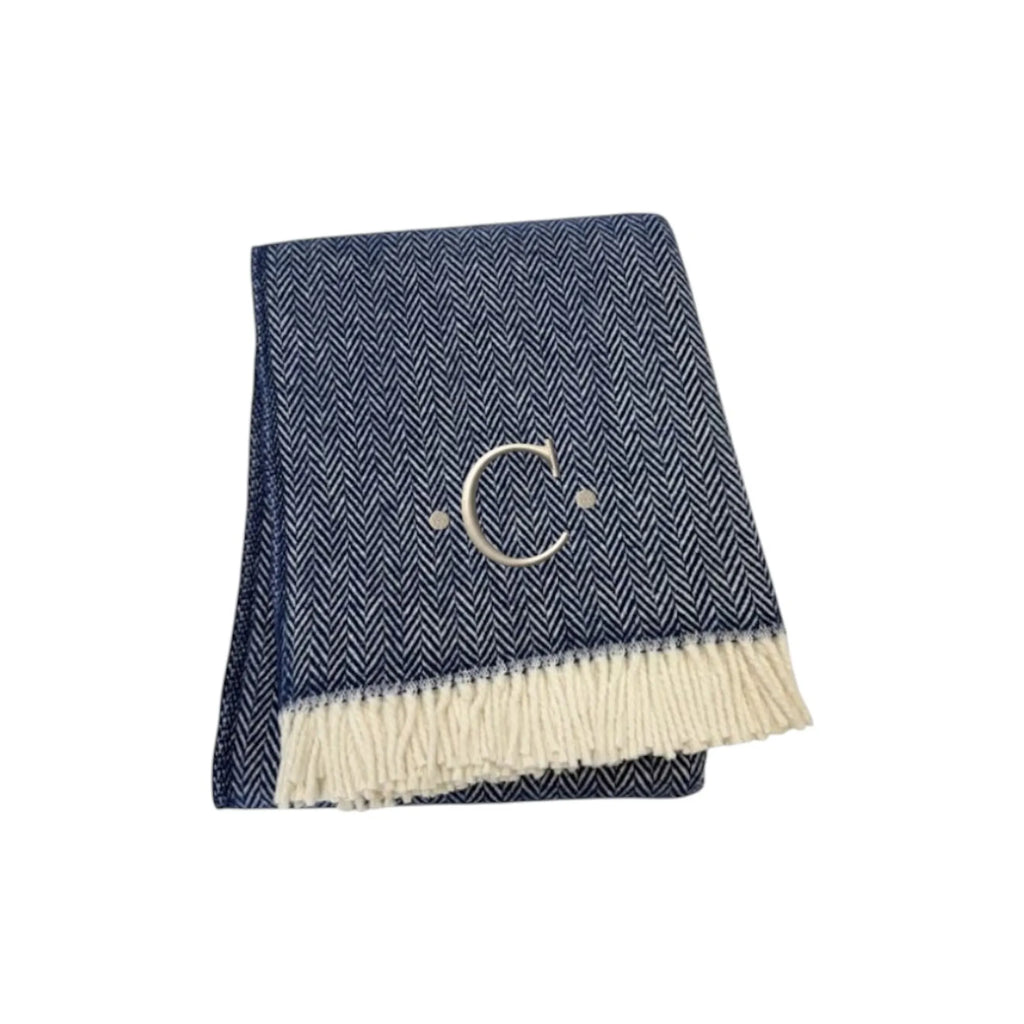 Herringbone Cotton Blend C Initial Throw Blanket with Tassels And Embroidery