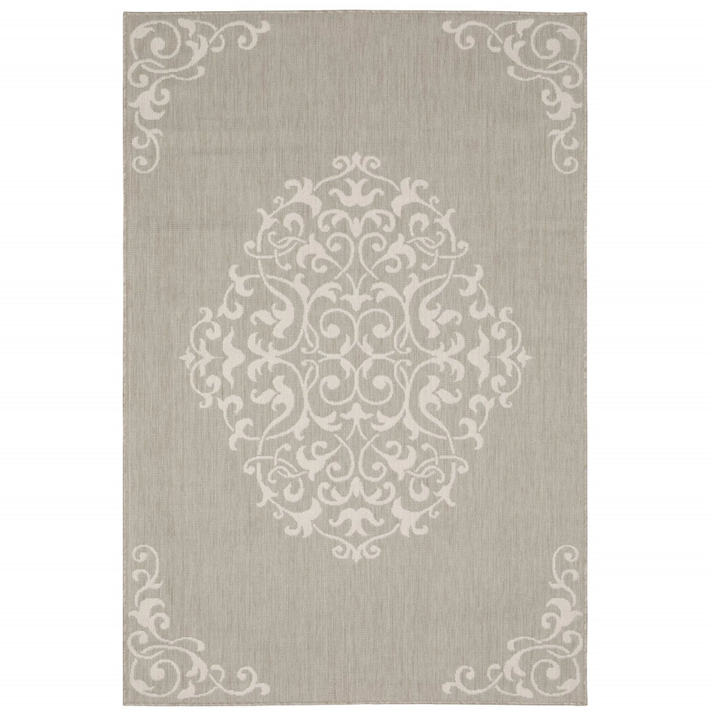 7′ X 9′ Gray and Ivory Oriental Stain Resistant Indoor Outdoor Area Rug