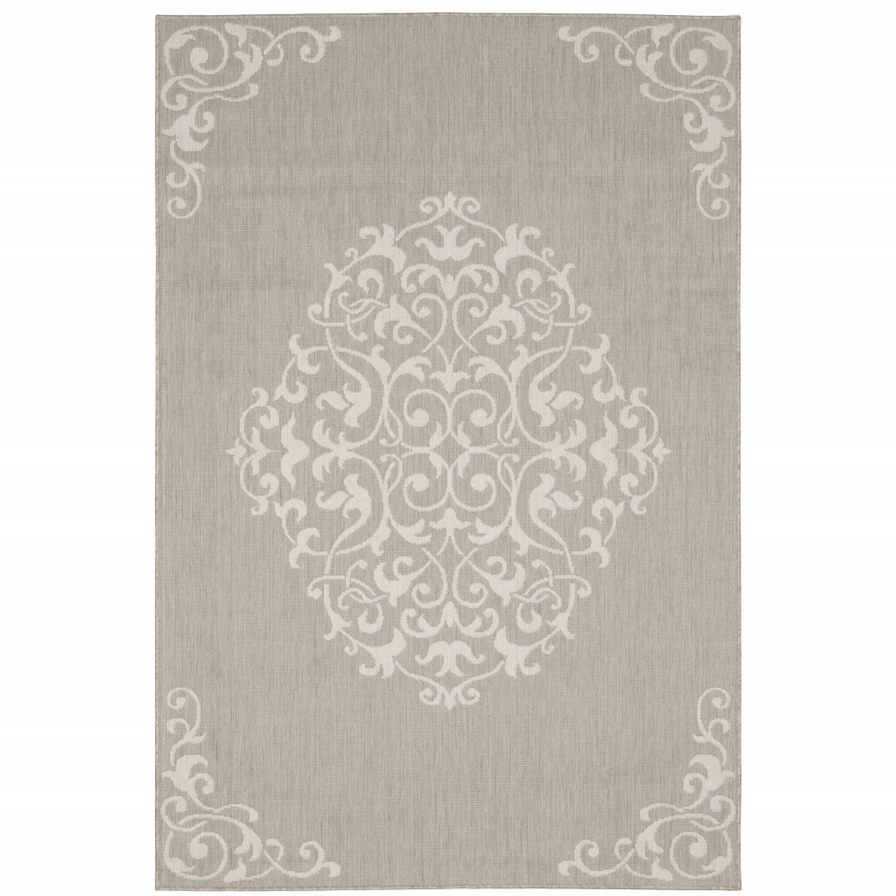 7′ X 9′ Gray and Ivory Oriental Stain Resistant Indoor Outdoor Area Rug