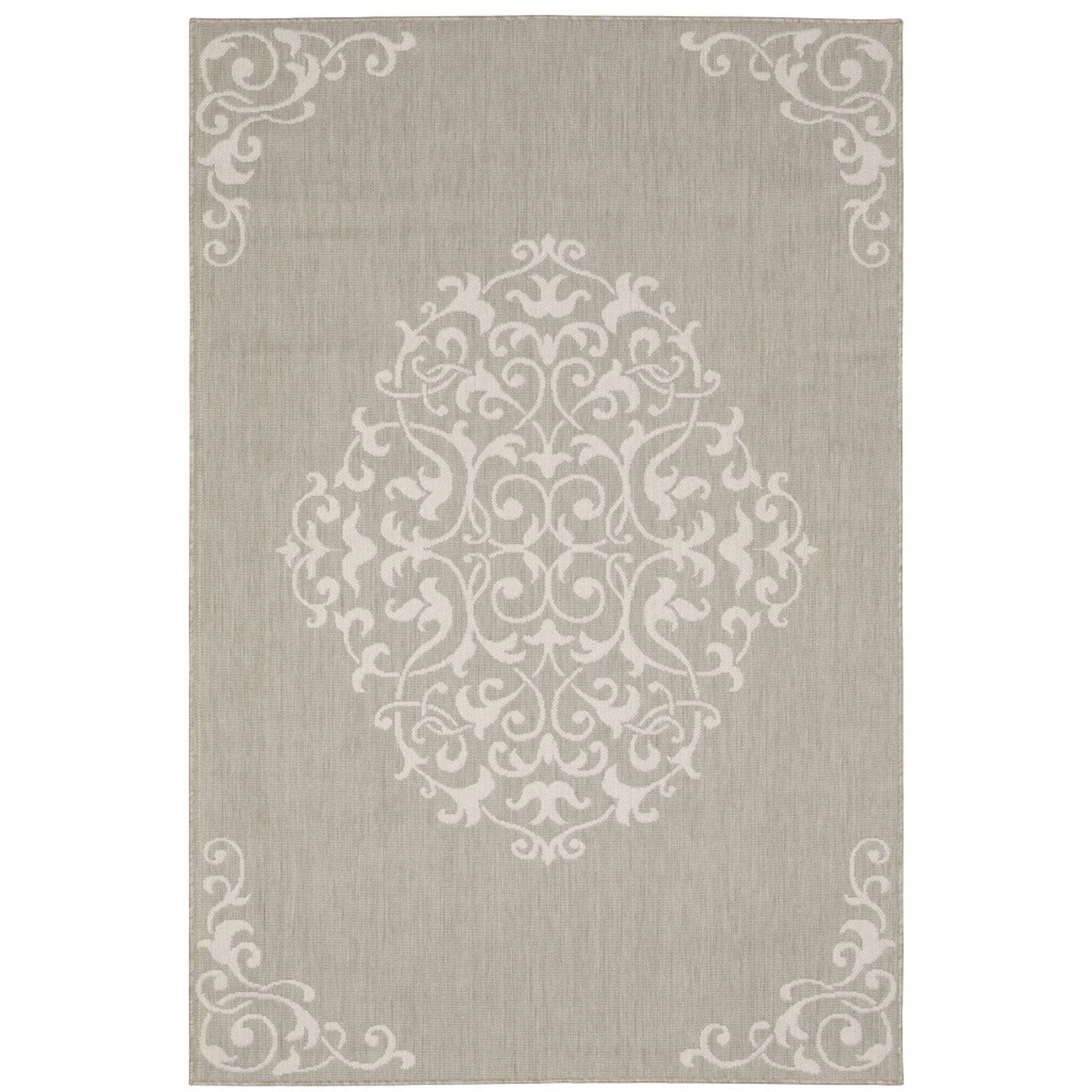 7′ X 9′ Gray and Ivory Oriental Stain Resistant Indoor Outdoor Area Rug