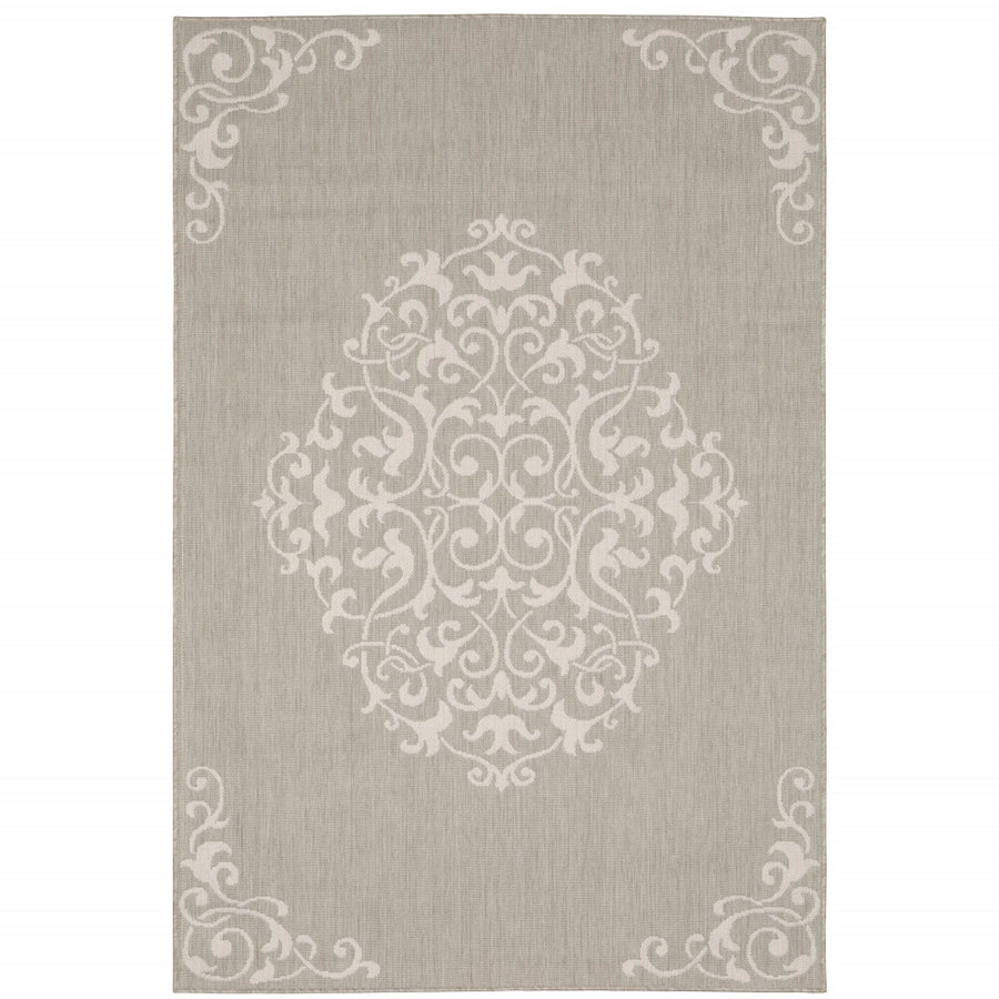 7′ X 9′ Gray and Ivory Oriental Stain Resistant Indoor Outdoor Area Rug