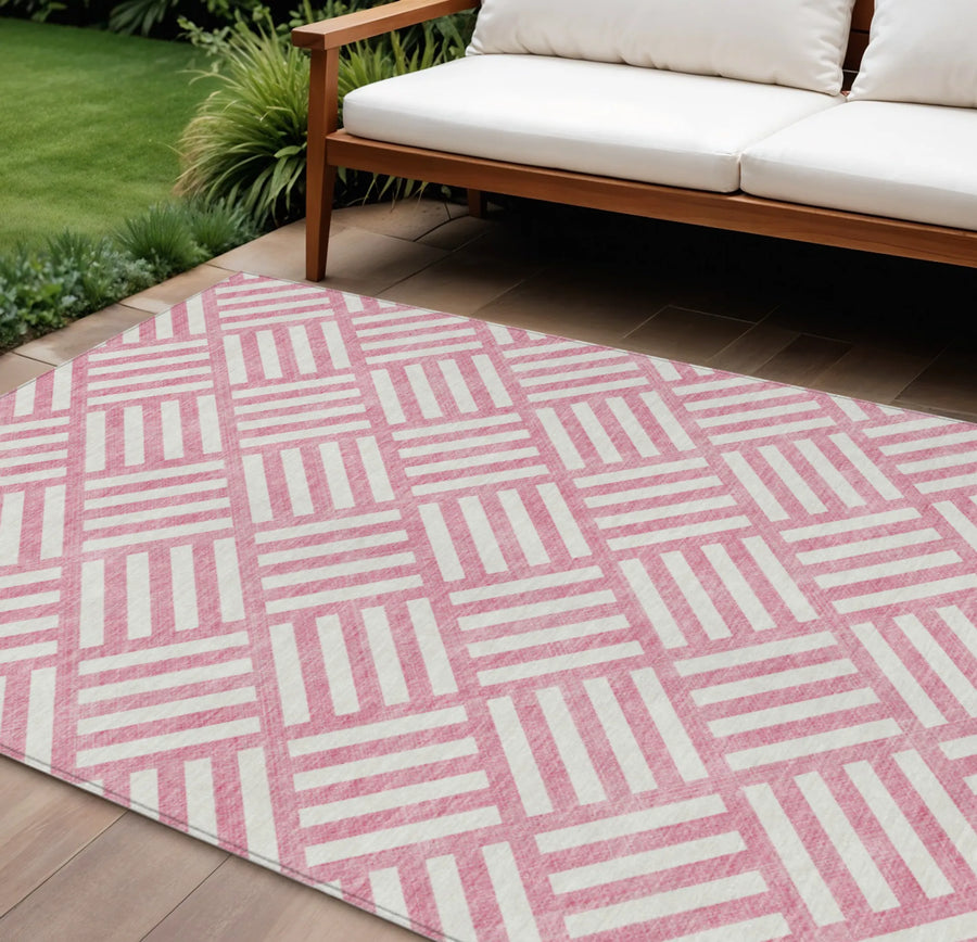 10′ X 14′ Pink And Ivory Geometric Washable Indoor Outdoor Area Rug