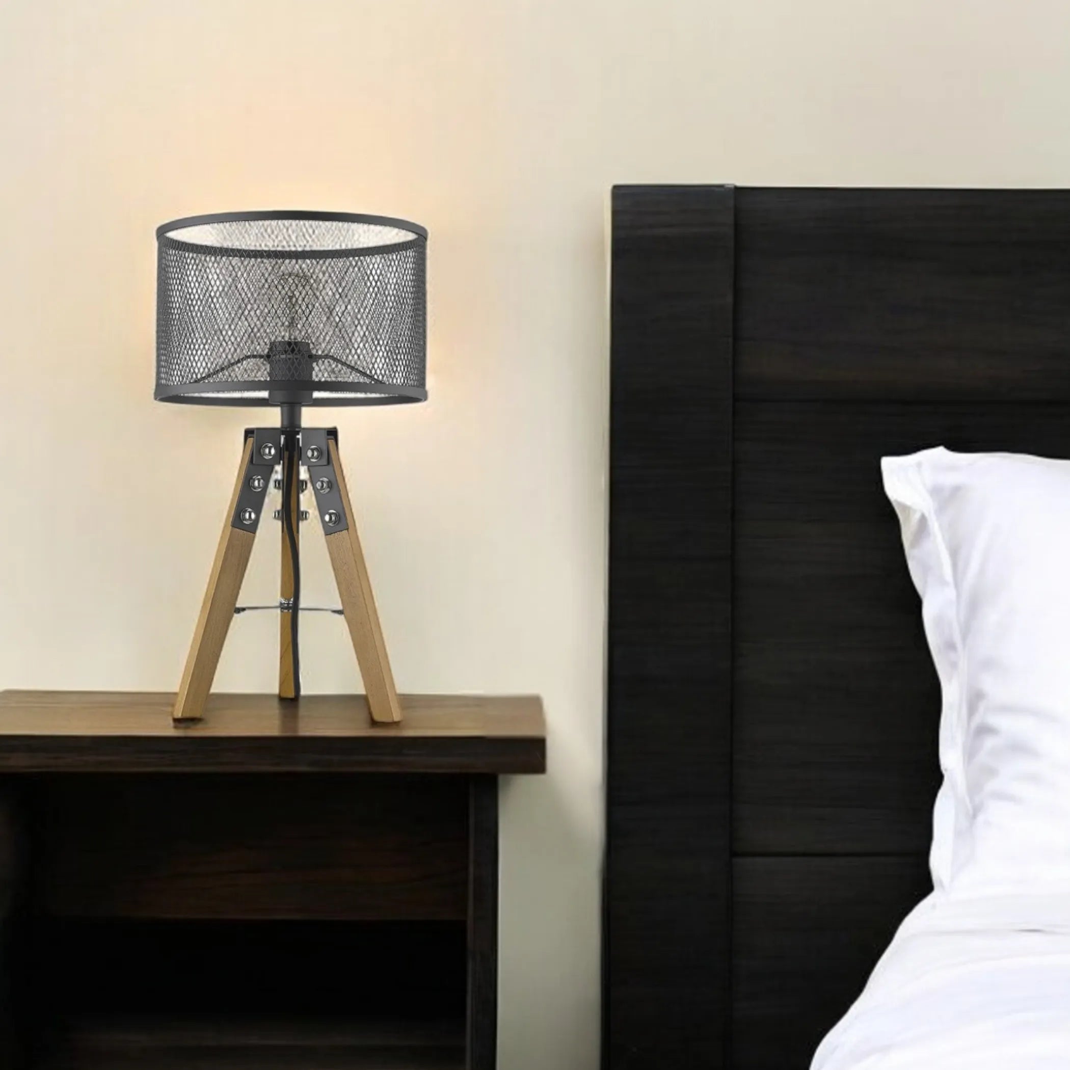 20″ Brown Solid Wood Tripod Table Lamp With Black Drum Shade