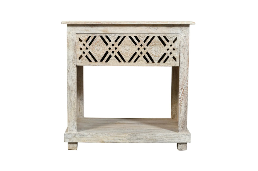 28″ White Distressed Carved Geometric Solid Wood Nightstand — view 2