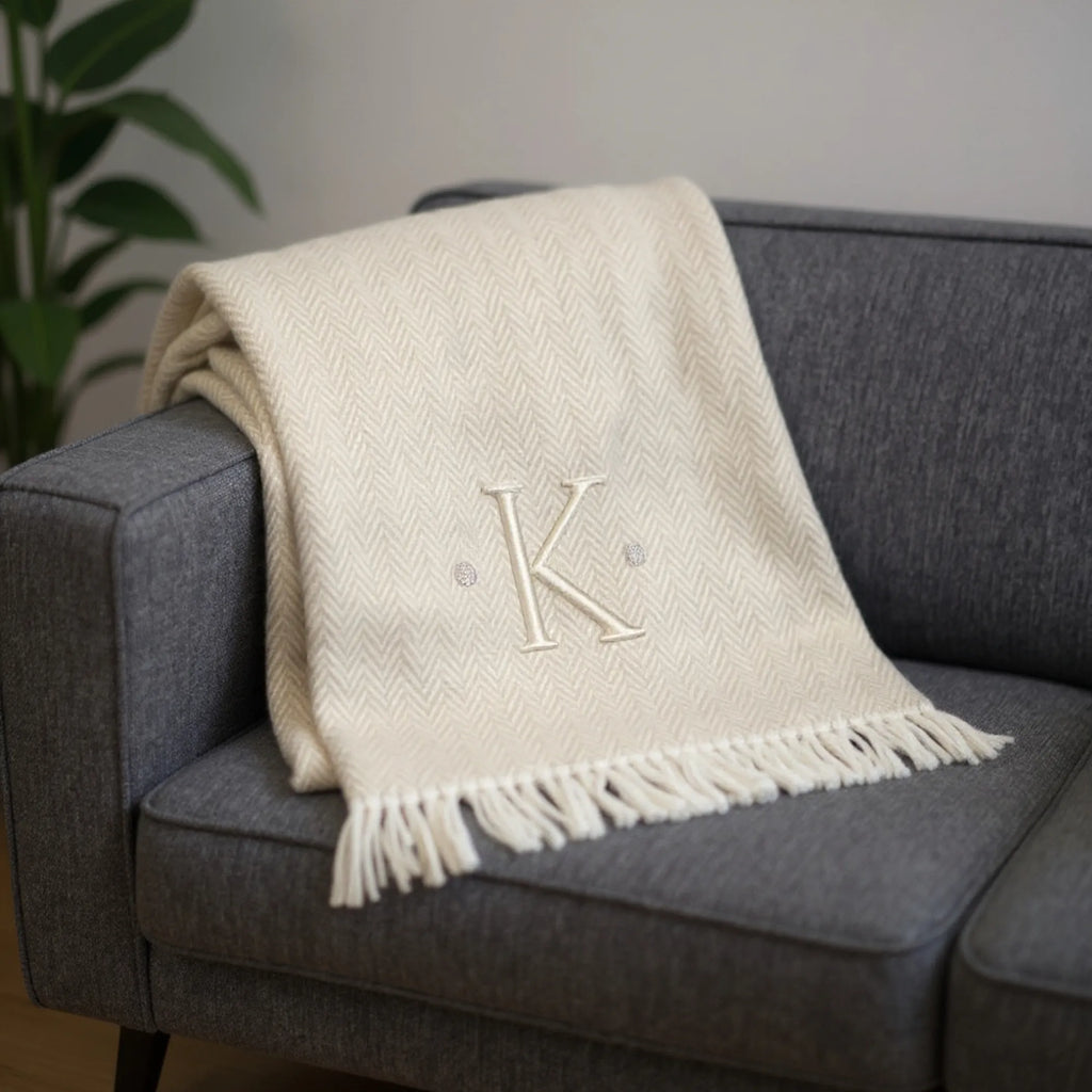Herringbone Cotton Blend K Initial Throw Blanket with Tassels And Embroidery — view 2