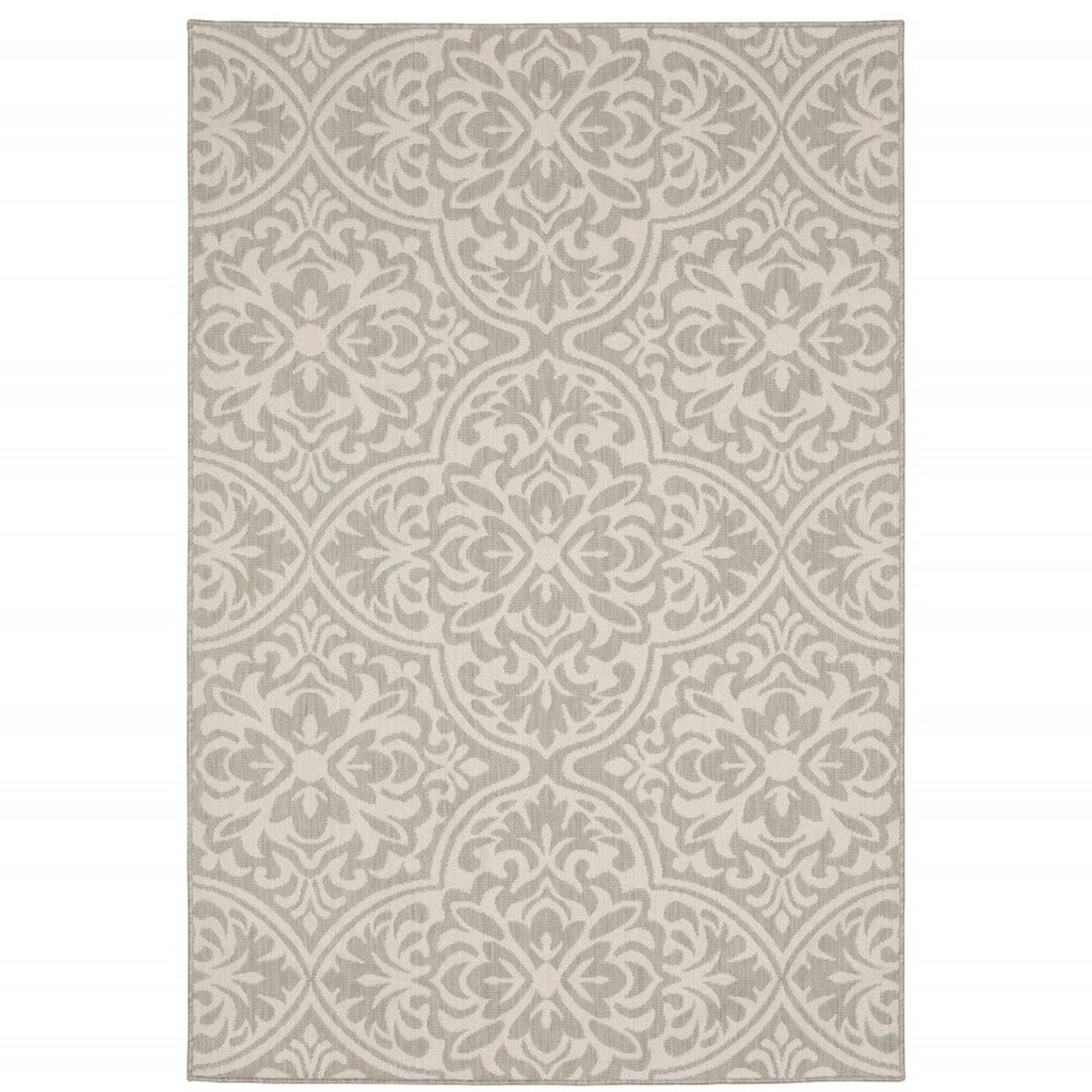 7′ X 9′ Gray and Ivory Floral Stain Resistant Indoor Outdoor Area Rug