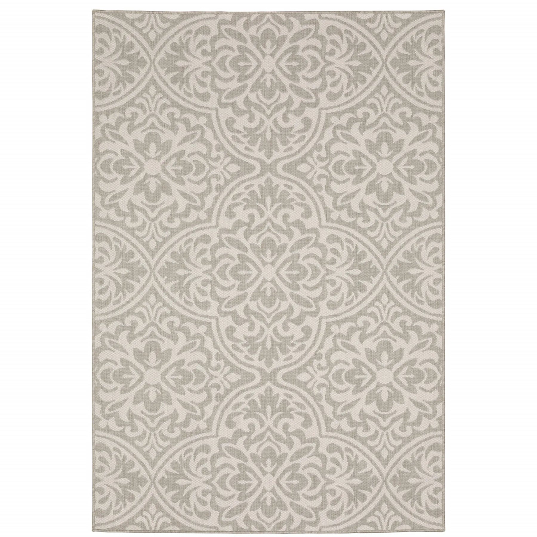 7′ X 9′ Gray and Ivory Floral Stain Resistant Indoor Outdoor Area Rug