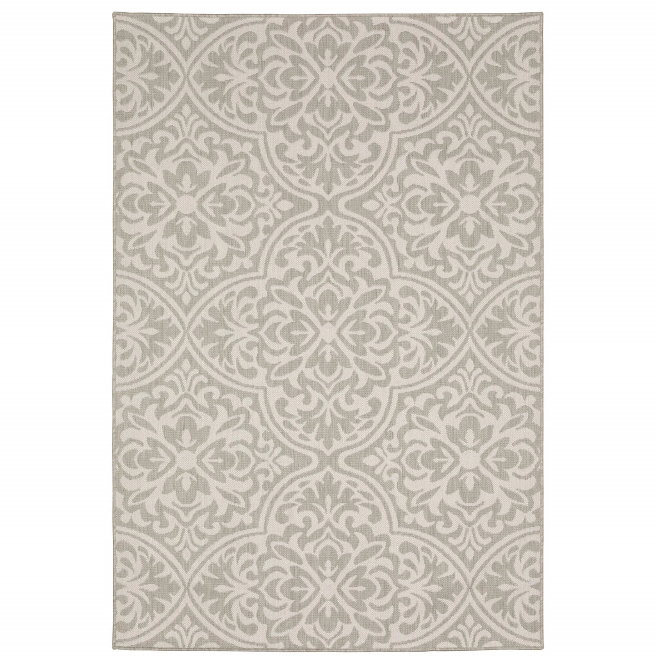 7′ X 9′ Gray and Ivory Floral Stain Resistant Indoor Outdoor Area Rug