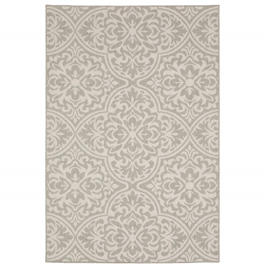 7′ X 9′ Gray and Ivory Floral Stain Resistant Indoor Outdoor Area Rug