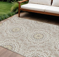 10′ X 14′ Taupe Khaki And Ivory Floral Medallion Washable Indoor Outdoor Area Rug