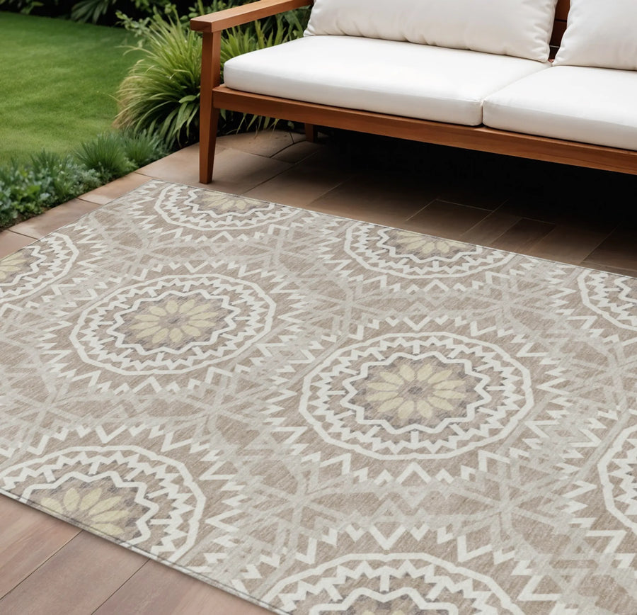 10′ X 14′ Taupe Khaki And Ivory Floral Medallion Washable Indoor Outdoor Area Rug