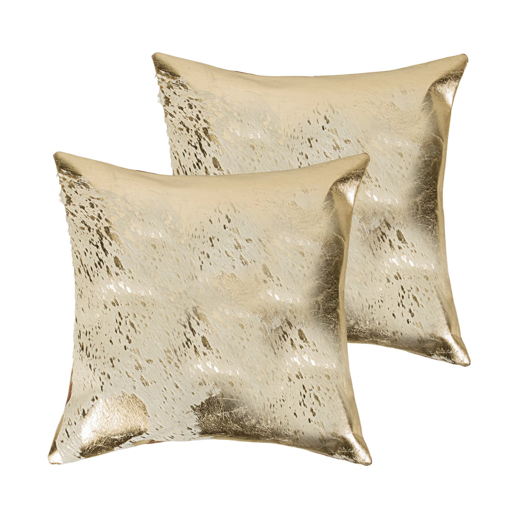 Set of Two 18″ Natural and Gold Abstract Cowhide Throw Pillows with Glitter — view 2