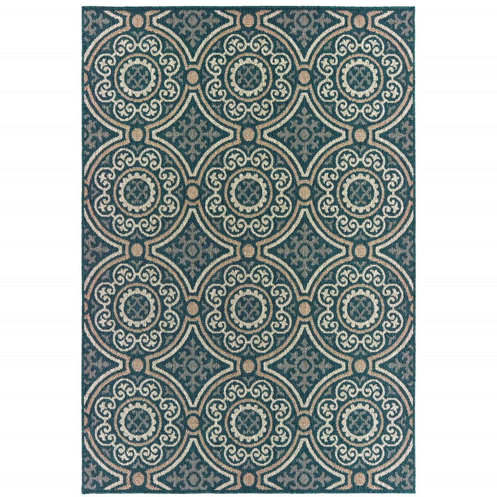 8′ x 10′ Blue and Gray Geometric Stain Resistant Indoor Outdoor Area Rug