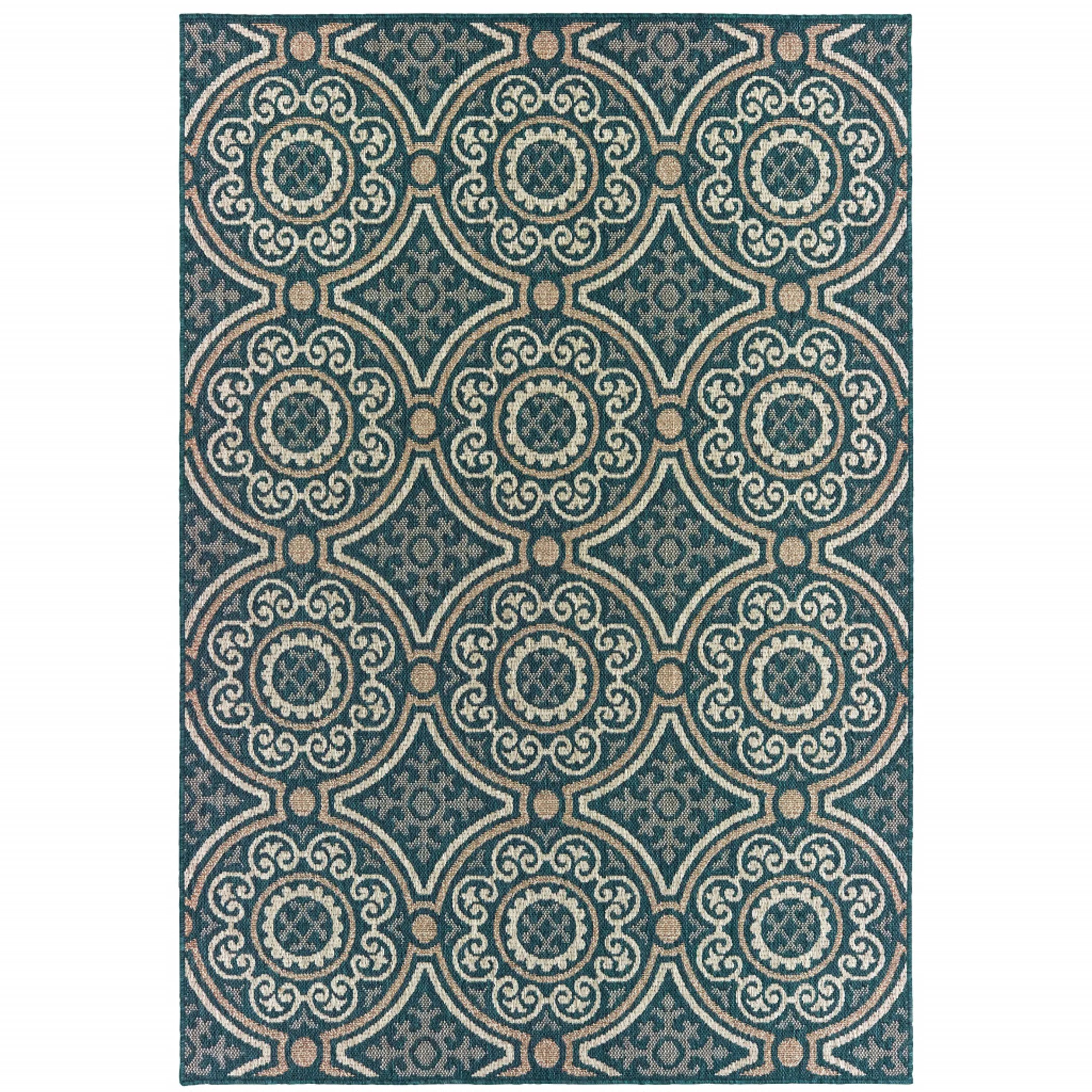8′ x 10′ Blue and Gray Geometric Stain Resistant Indoor Outdoor Area Rug