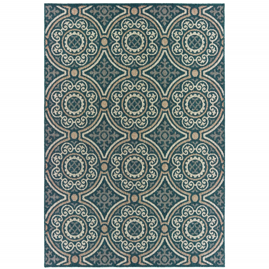 8′ x 10′ Blue and Gray Geometric Stain Resistant Indoor Outdoor Area Rug