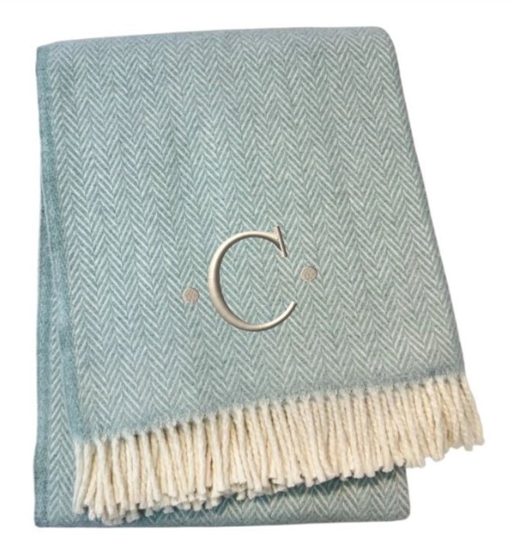 Herringbone Cotton Blend C Initial Throw Blanket with Tassels And Embroidery — view 3