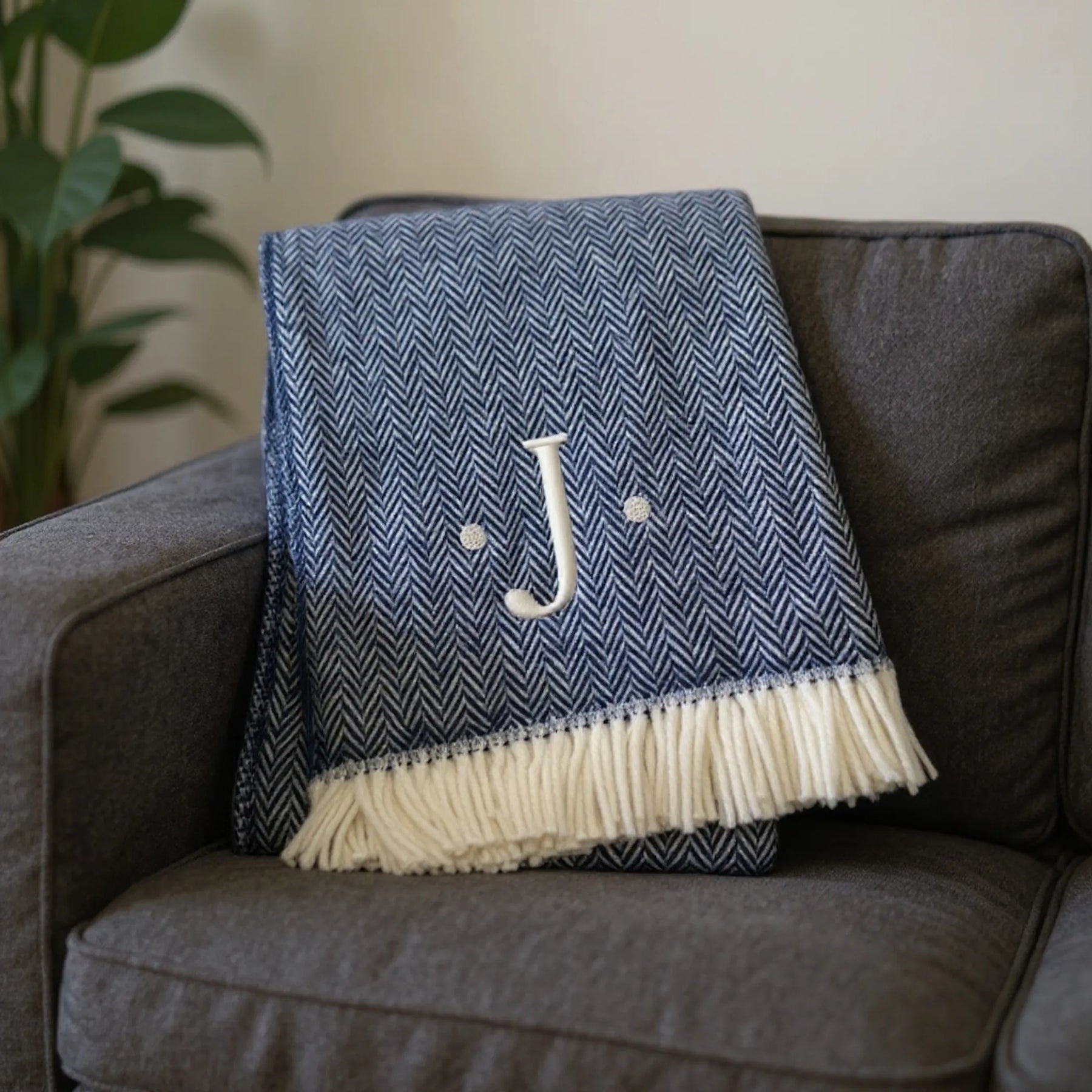 Herringbone Cotton Blend J Throw Blanket with Tassels And Embroidery — view 2