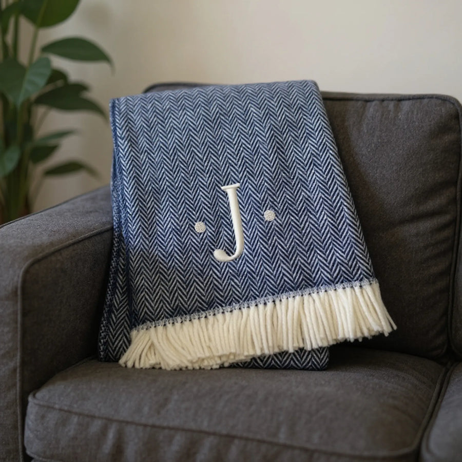 Herringbone Cotton Blend J Throw Blanket with Tassels And Embroidery — view 2