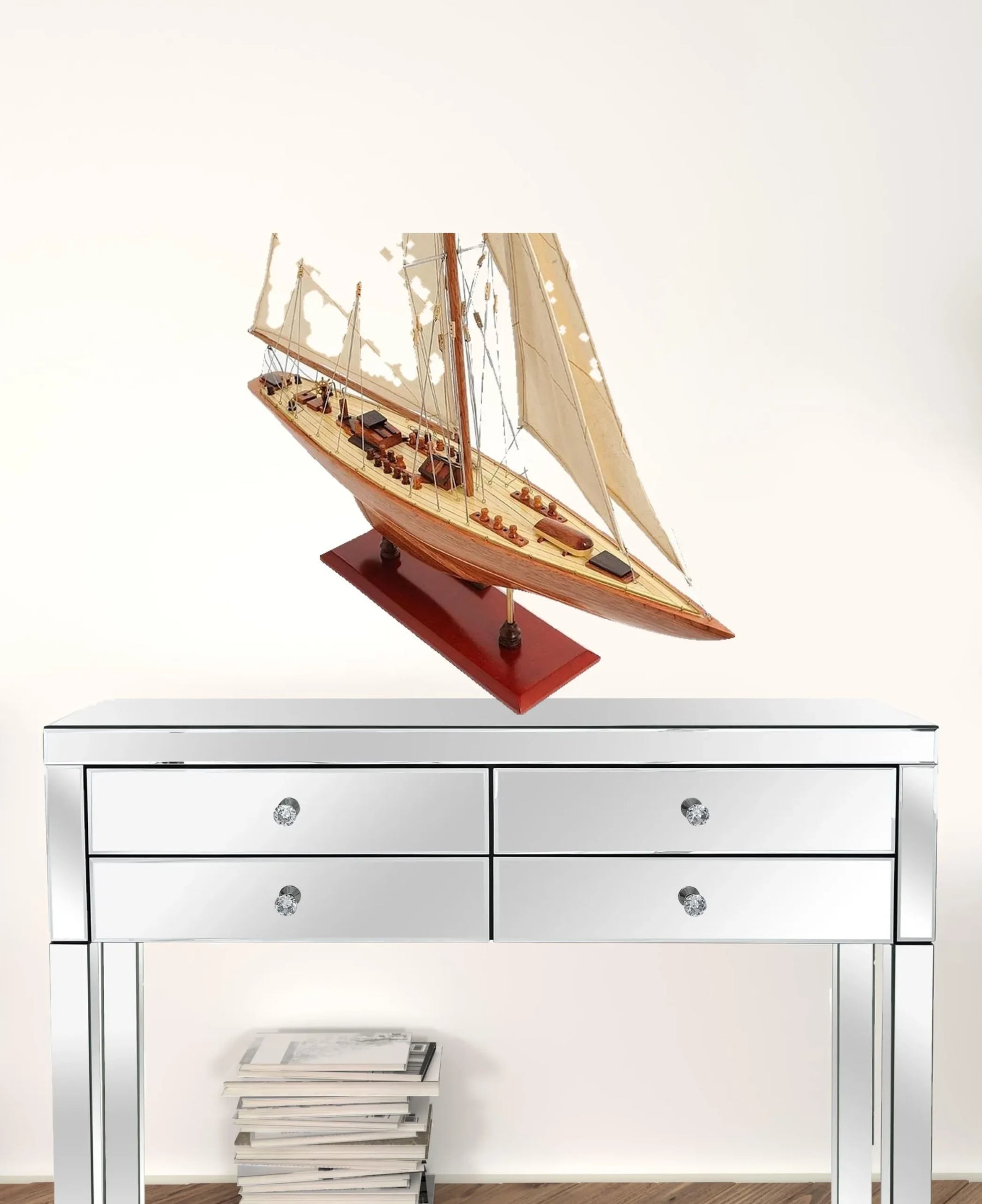 31″ Wood Brown Endeavour Yacht Hand Painted Sculpture — view 2