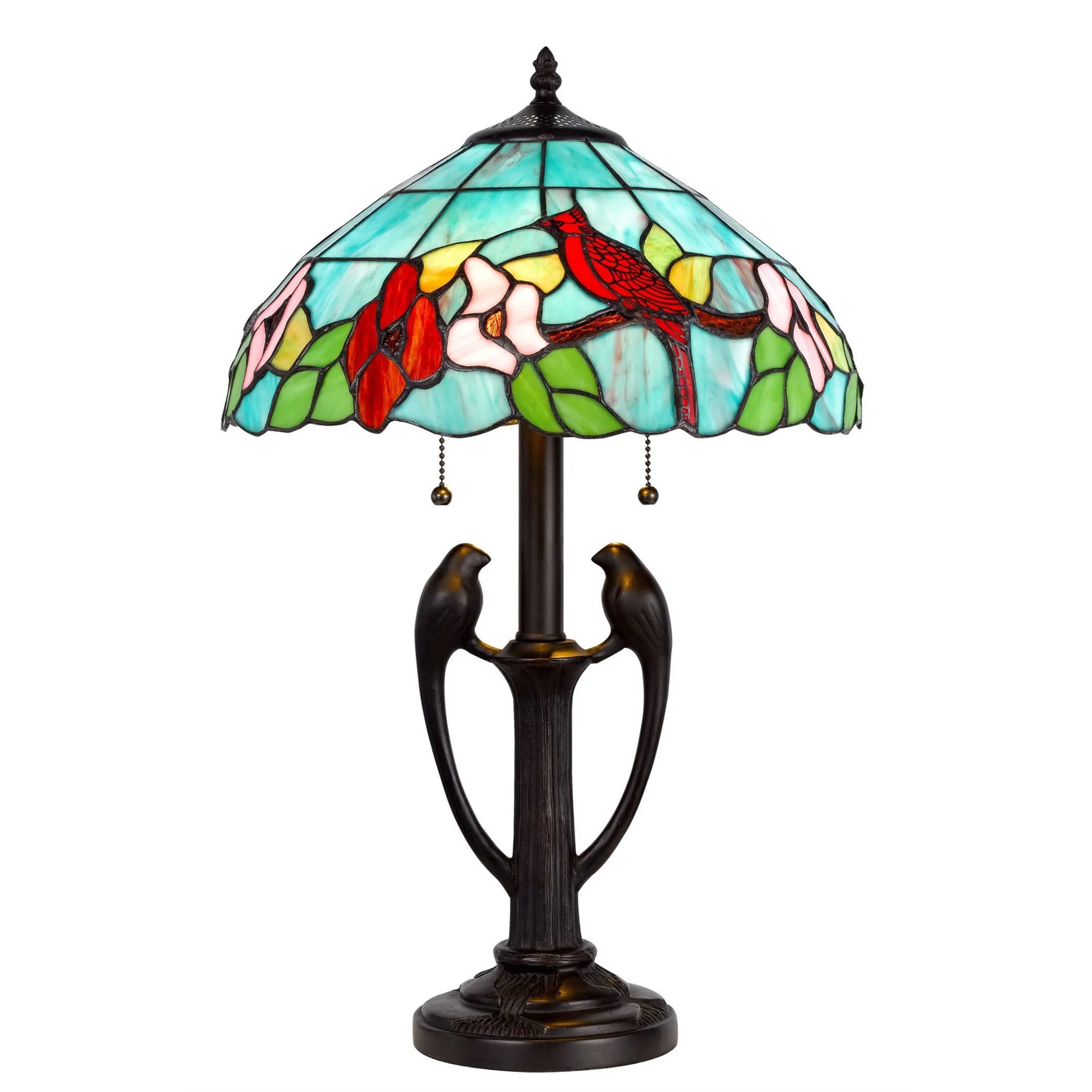 22″ Bronze Two Light Tiffany Table Lamp With Aqua and Red Floral Shade — view 2