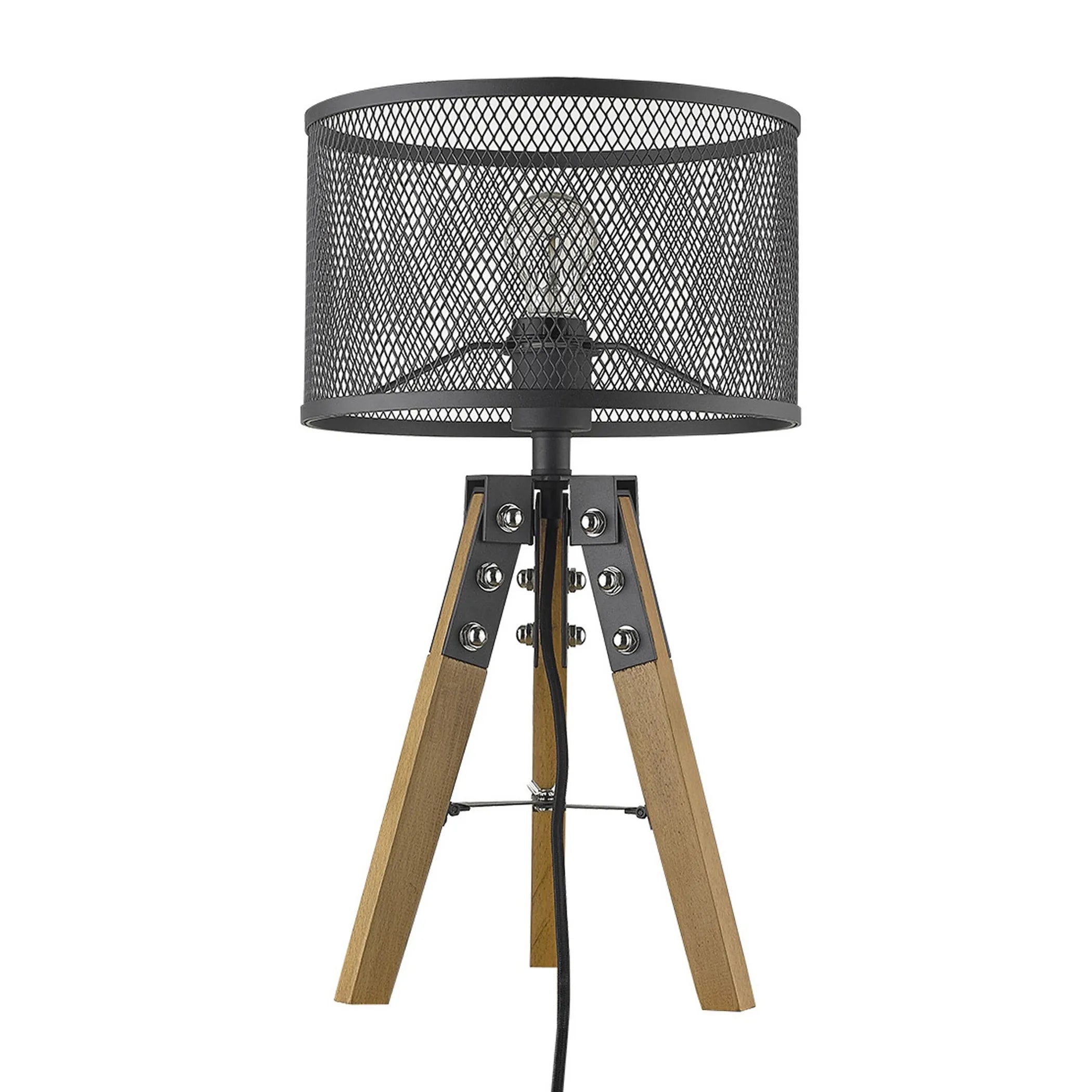 20″ Brown Solid Wood Tripod Table Lamp With Black Drum Shade — view 2