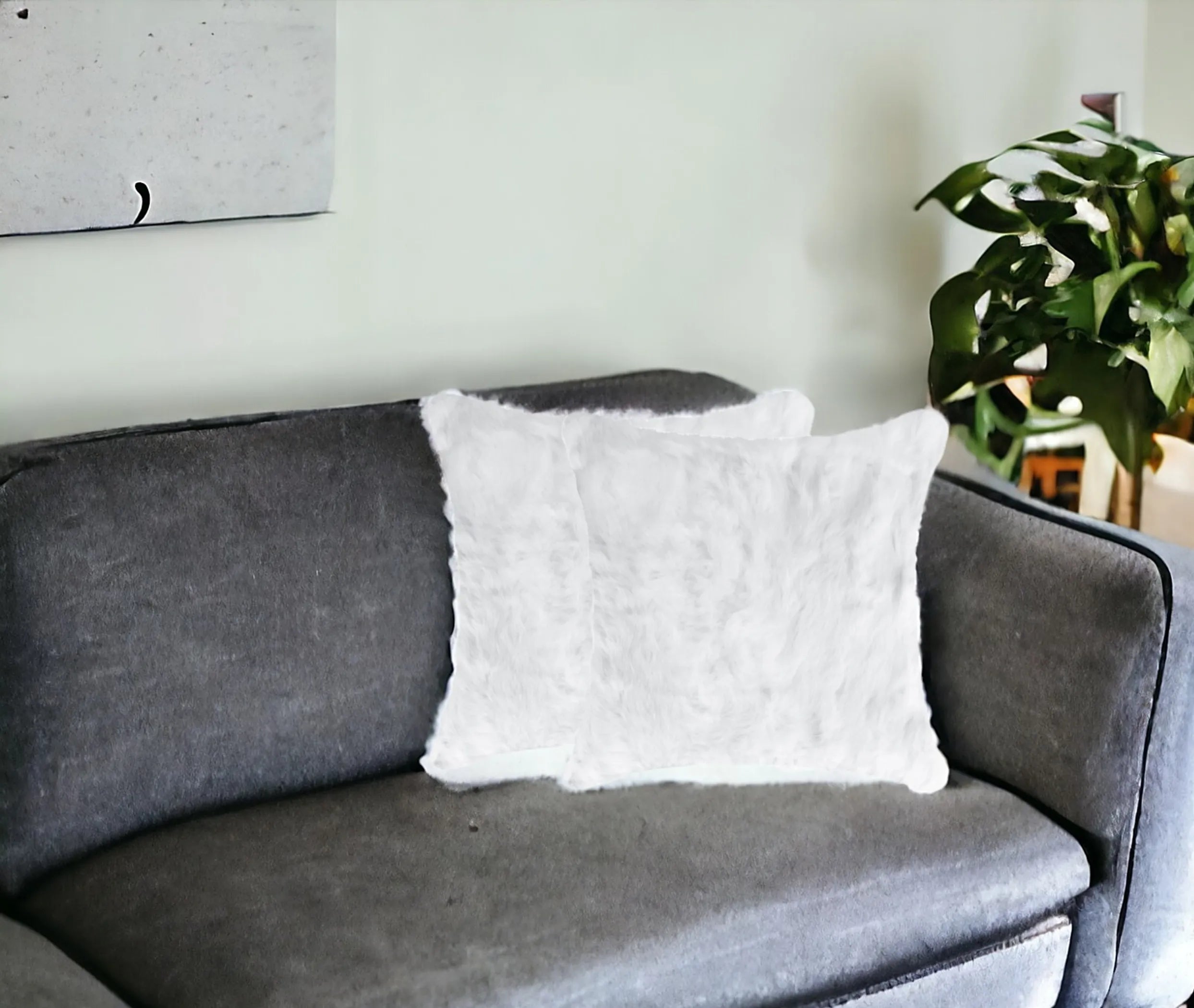 Set Of Two 18″ White Rabbit Zippered Natural Fur Throw Pillows — view 2