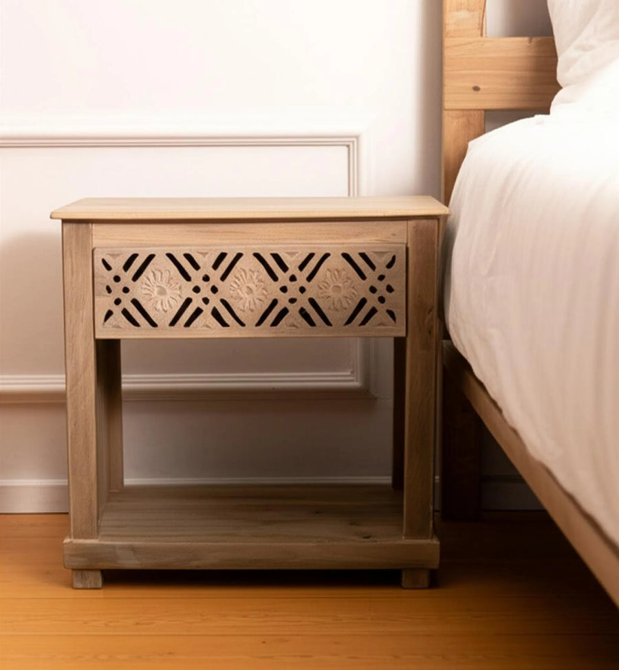 28″ Natural Solid Wood Carved Geometric One Drawer Nightstand