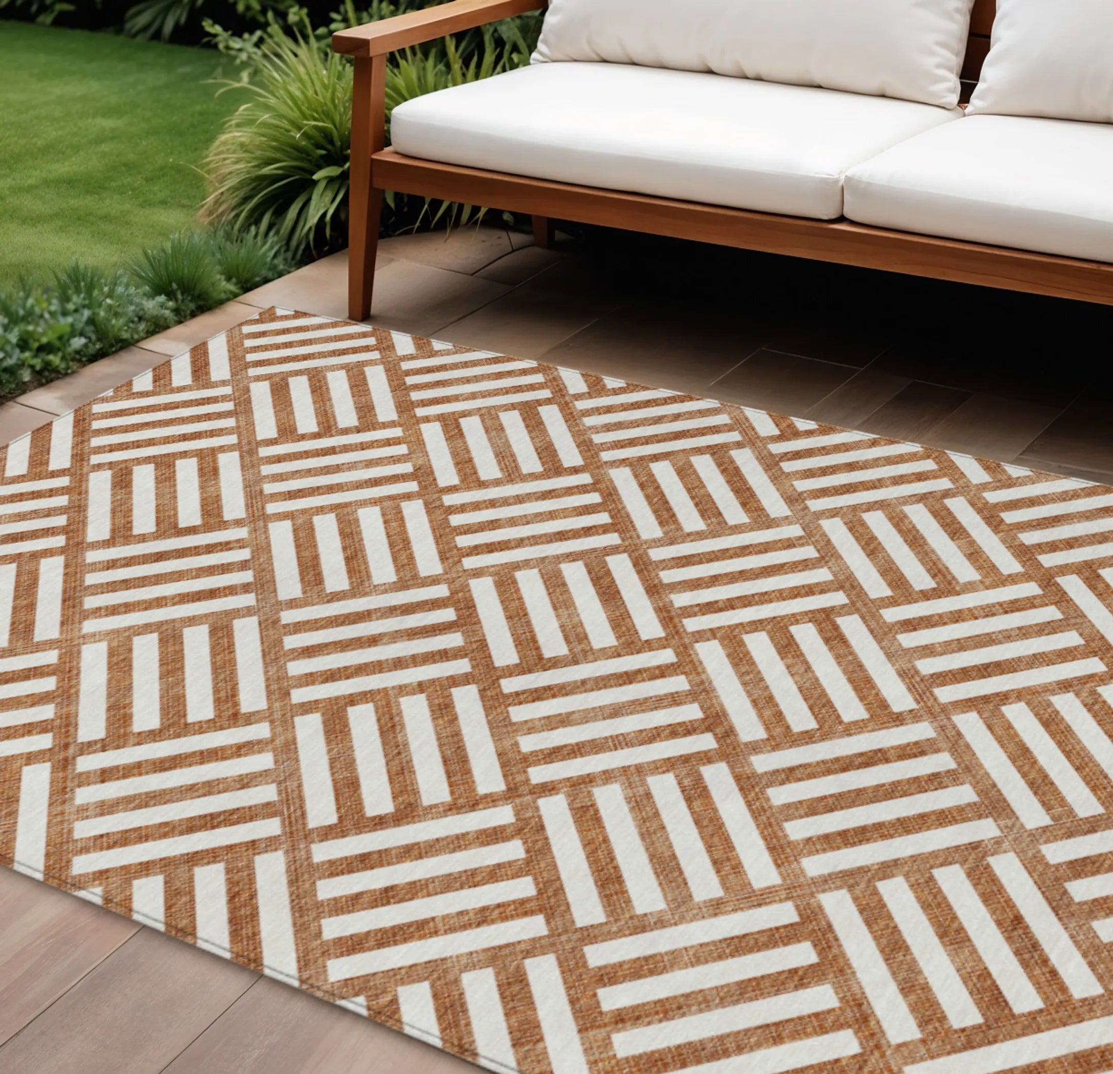 9′ X 12′ Orange And Ivory Geometric Washable Indoor Outdoor Area Rug