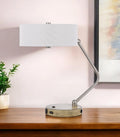 20″ Brown Metal Two Light Lantern Desk USB Table Lamp With White Drum Shade