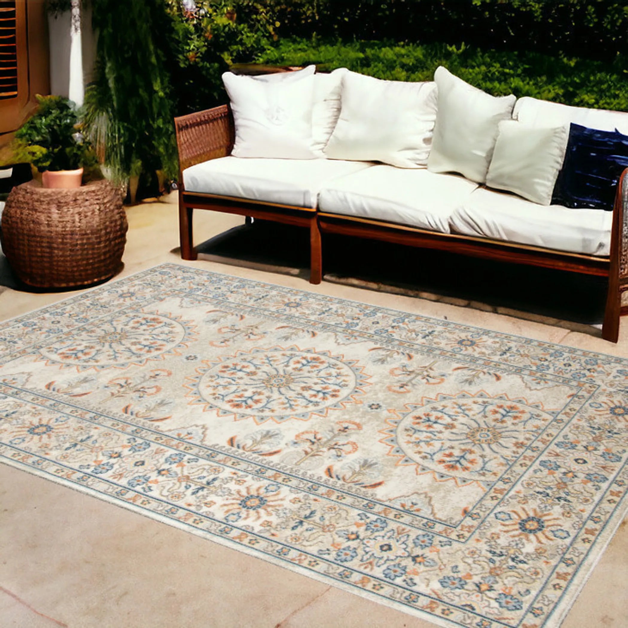 9′ X 12′ Blue and Orange Medallion Stain Resistant Indoor Outdoor Area Rug